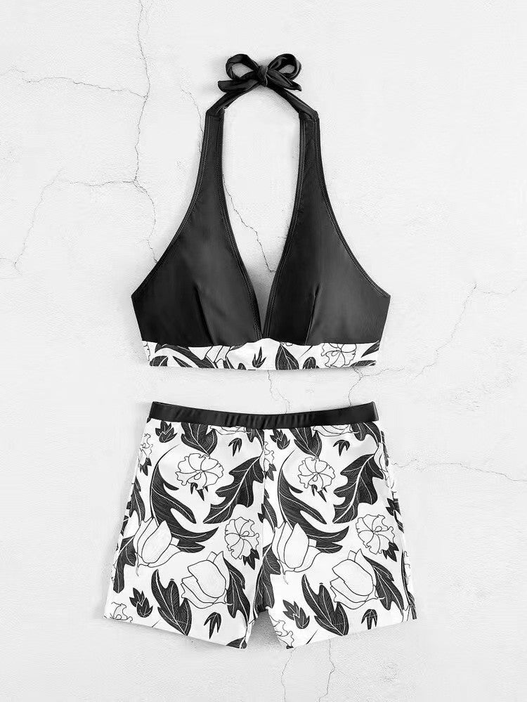 Dame Triangel-Bikini med blomsterdesign shorts