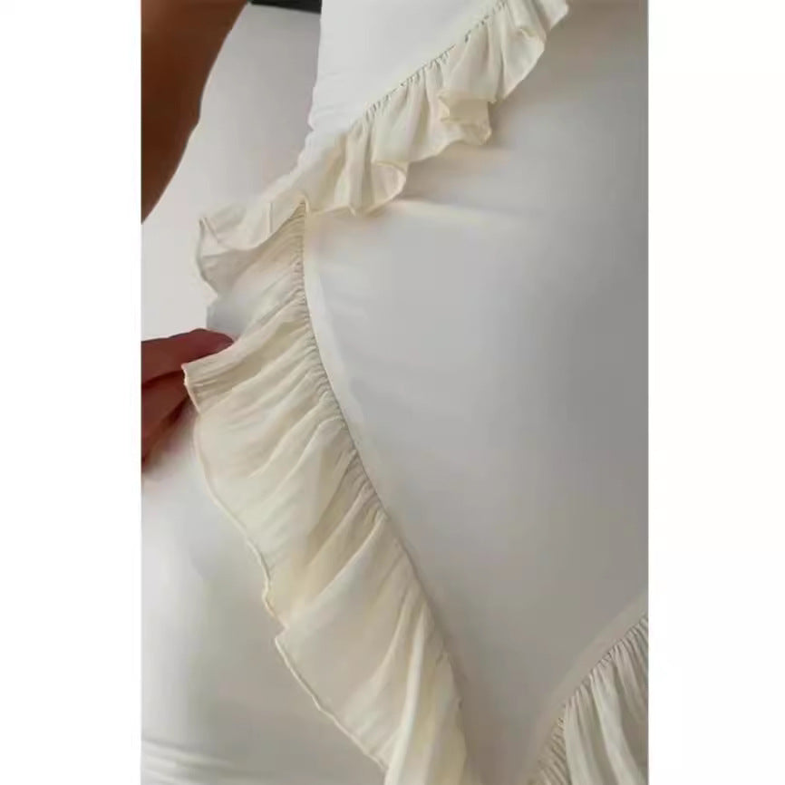 Dame Silke Maxikjole med elegante flæsedetaljer og strapless design Stilla
