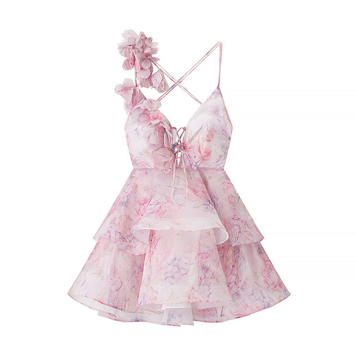 Femme Floral Print Lagdelt Mini Kjole med Asymmetrisk Stropper Stilla