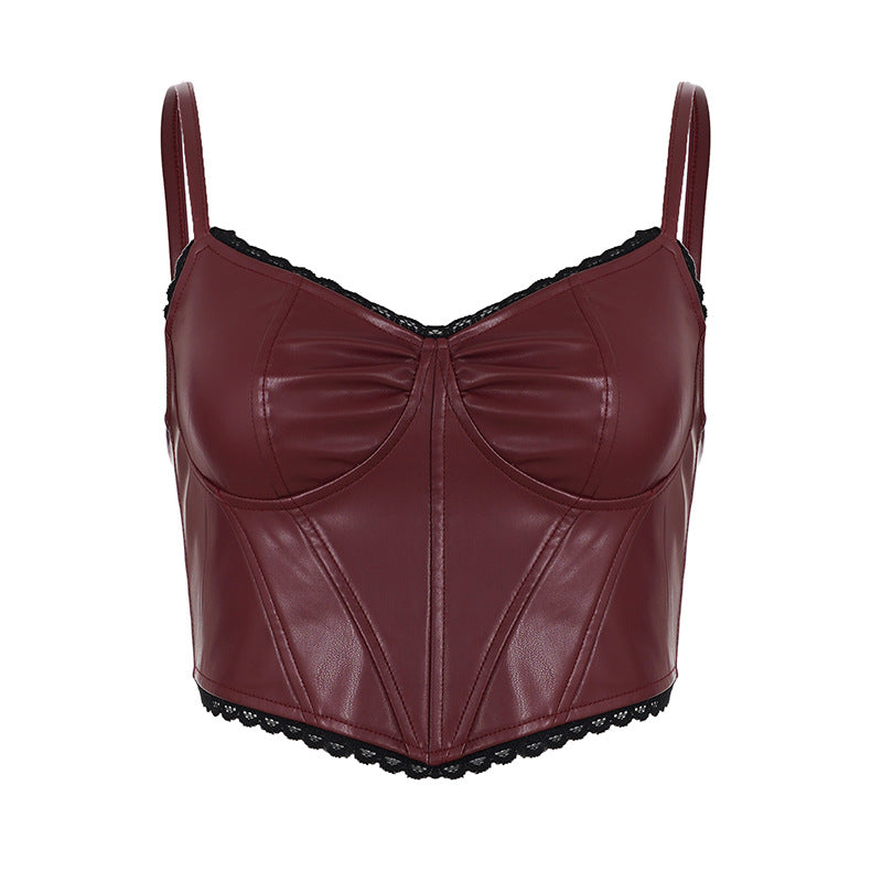 Dame Syntetisk Læder-Bustier-Top med elegant Blondekant Skovae
