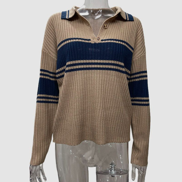 Dame Oversized Strikpullover med V-Udsnit og Stribedetaljer Stilla