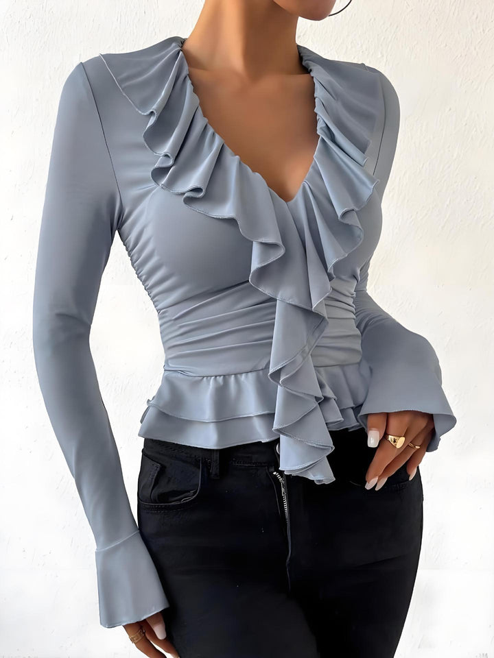 Dame elegant bluse med flydende flæsekant Stilla