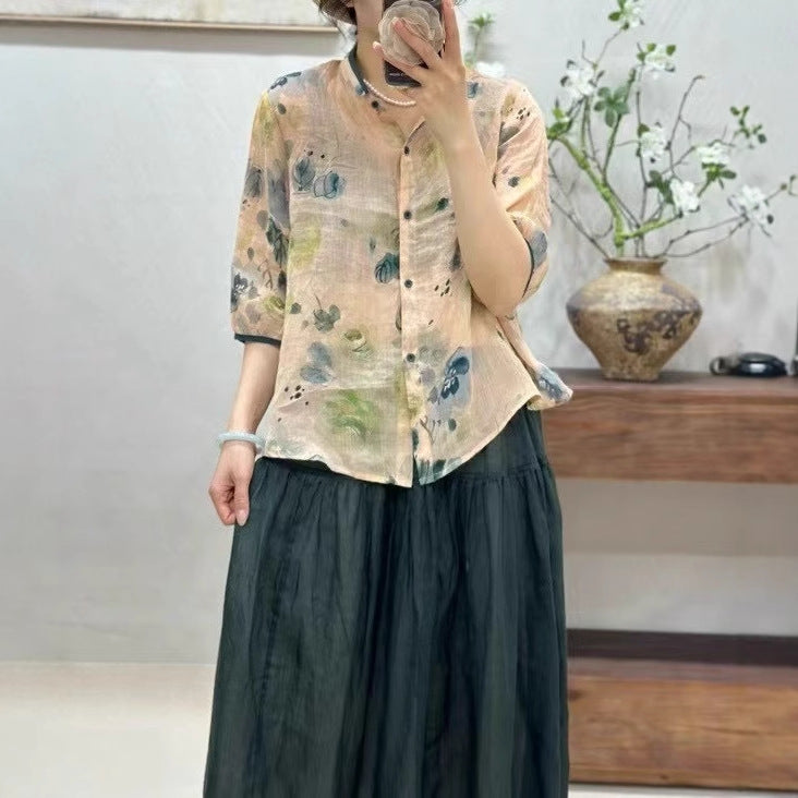 Dame Button-Up Blomstermønster Bluse Stilla