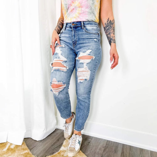 Damer ødelagte denim-bukser i skinny-fit-design med markante revner Stilla