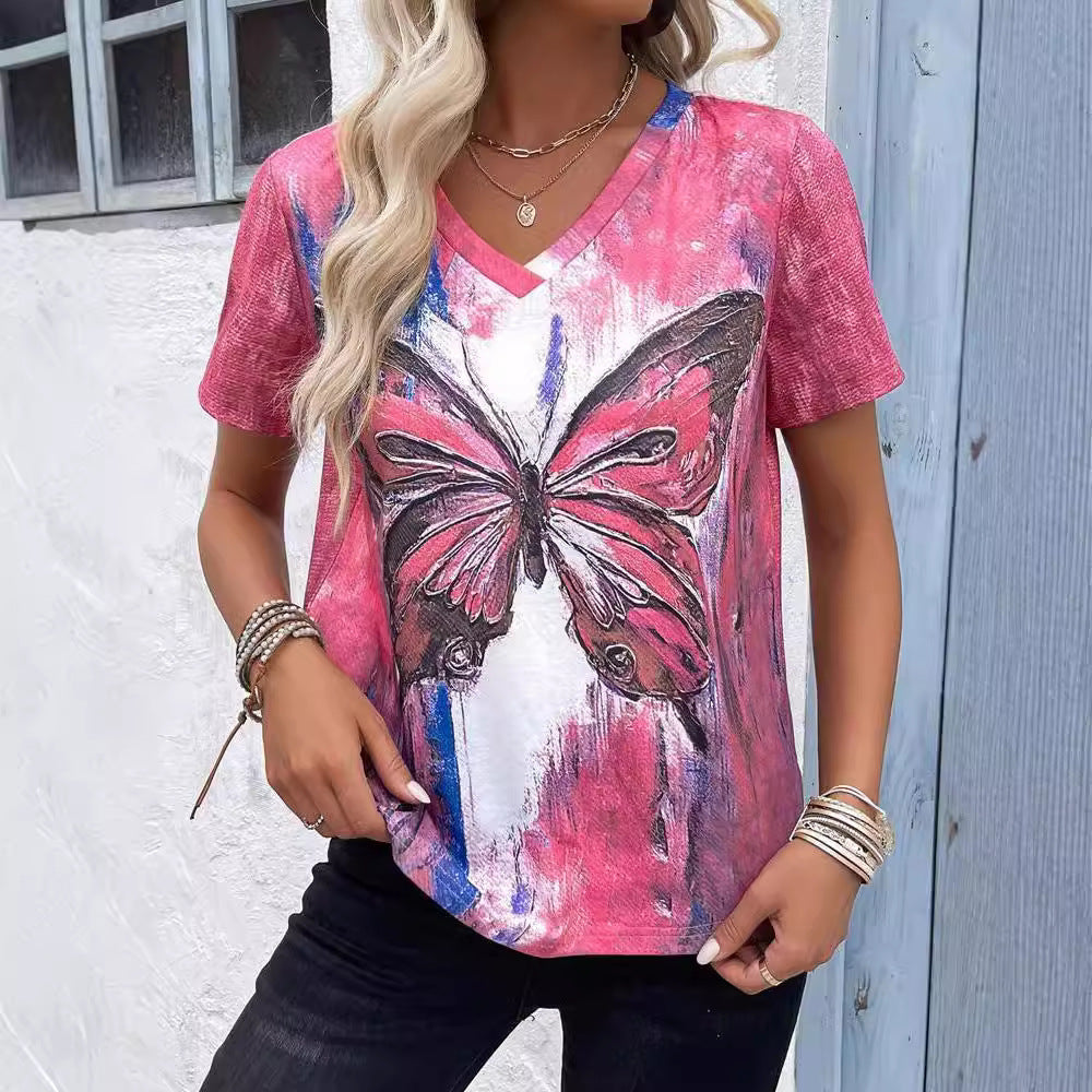 Dame V-hals T-shirt med kunstnerisk sommerfugletryk og afslappet pasform Stilla