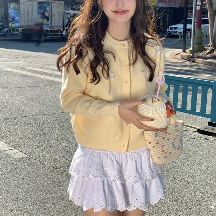 Kvinders Kawaii Cardigan med dekorative sløjfer og perler Stilla
