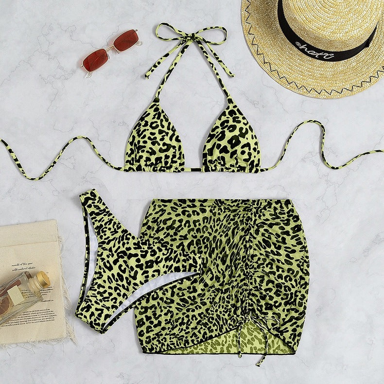 Dame Chic Leopardmønster Bikini-Sæt med rynket Cover-Up Stilla