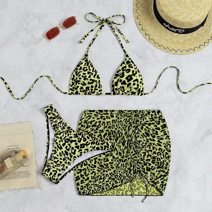 Dame Chic Leopardmønster Bikini-Sæt med rynket Cover-Up Stilla
