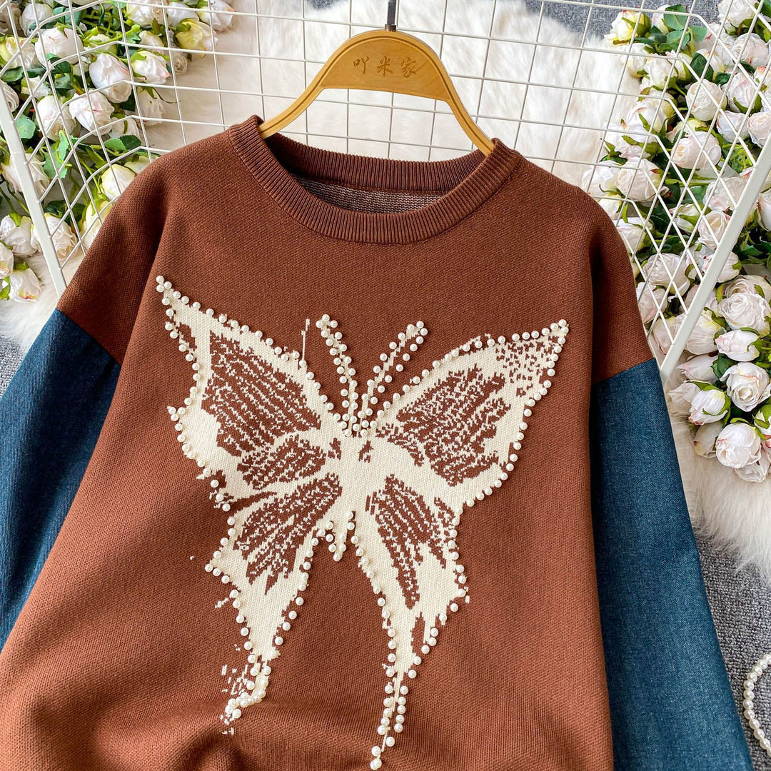 Dame Elegant Sweater med Sommerfugl Motiv og Denim Ærmer Stilla