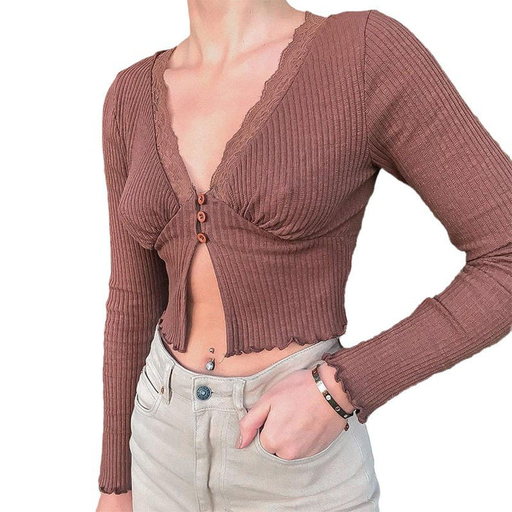 Dame Crop-top med feminin spids og knapdetaljer Skovae
