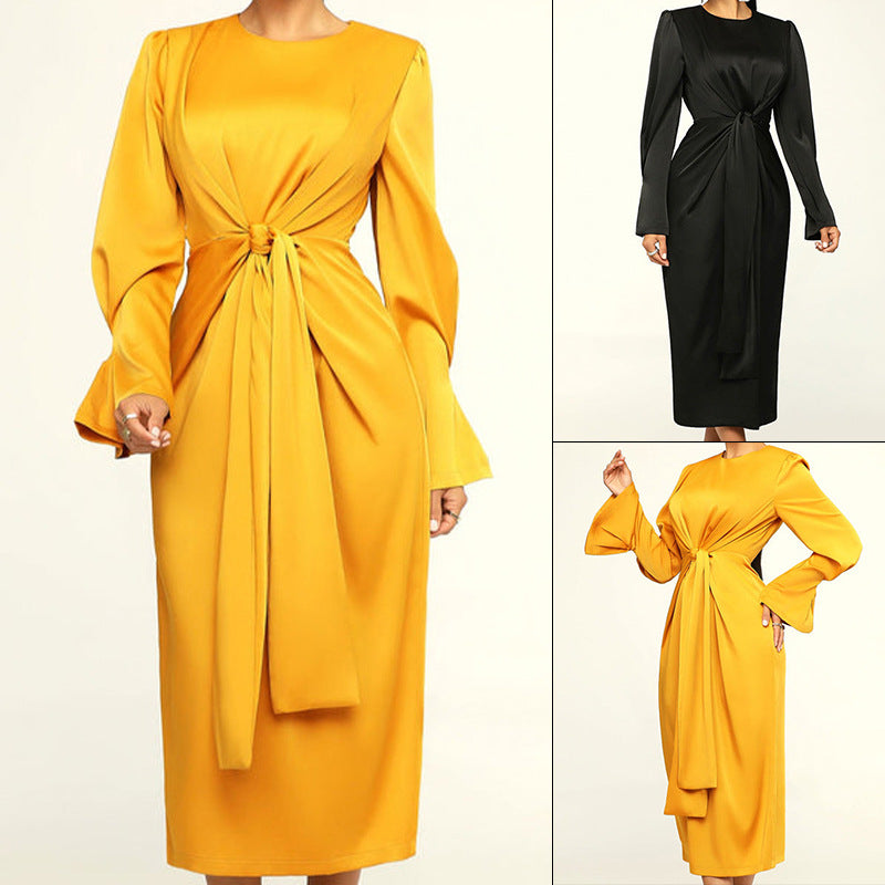 Dame Elegant Midi-kjole med drapering og lange ærmer Stilla