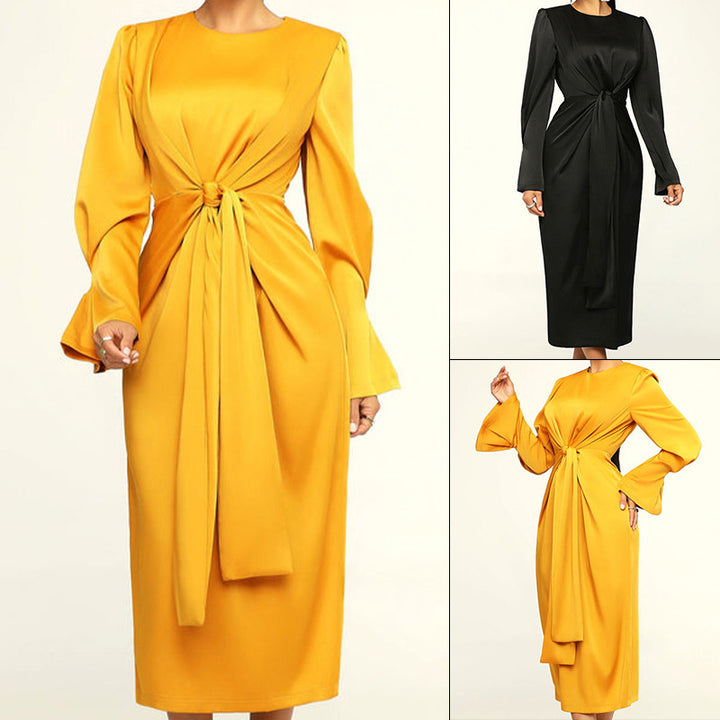 Dame Elegant Midi-kjole med drapering og lange ærmer Stilla