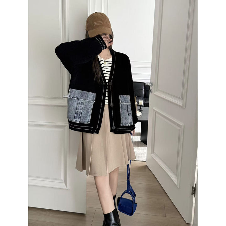 Dame mode cardigan med denim detaljer Stilla