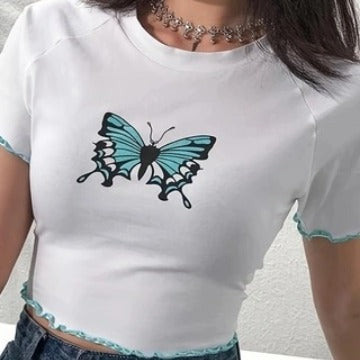 Dame Crop-Top med kreativ sommerfugletryk og bølget kant Skovae