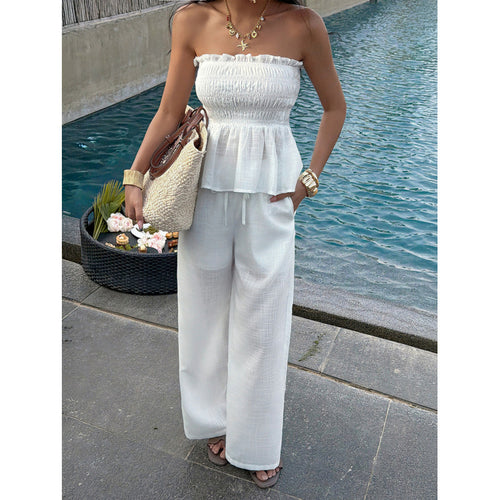 Dame Elegant top med rynket bustier og vide bukser Skovae