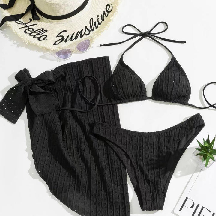 Kvinder Rynket Trekant Bikini Sæt med Sarong Indpakning Stilla