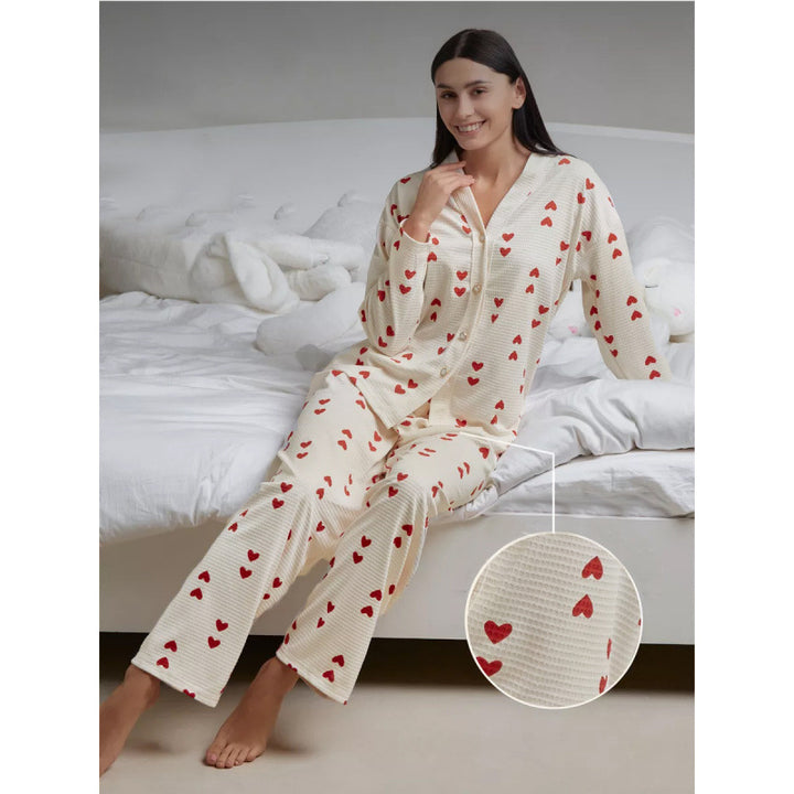 Femme Cozy Hjerte Tryk Loungewear Sæt Stilla