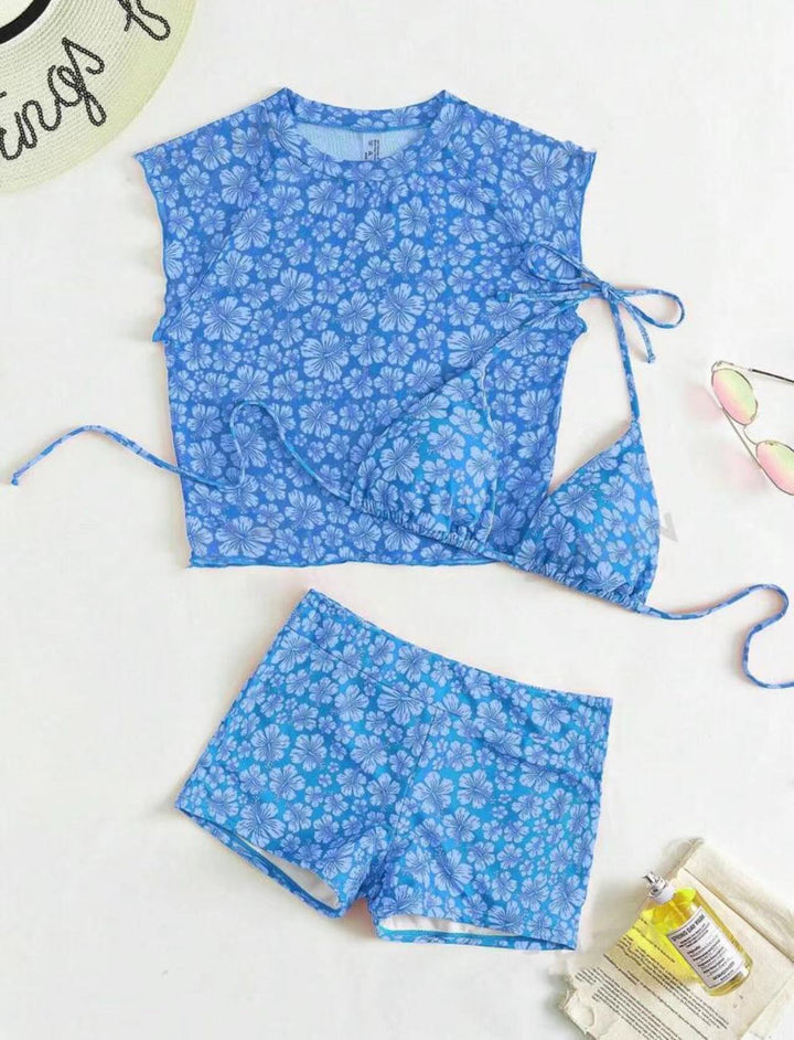Dame Floral Print Badetop og Højtaljede Shorts-Sæt Stilla
