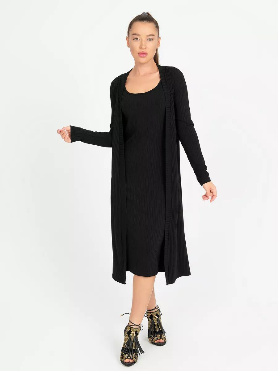Dame stribet Langærmet kjole med matchende Cardigan Stilla