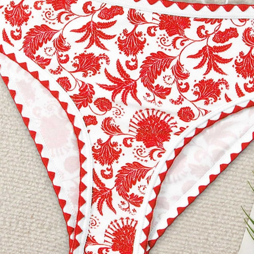 Dame Bandeau-bikini-sæt med farverigt blomstermønster og elastisk bælte Skovae