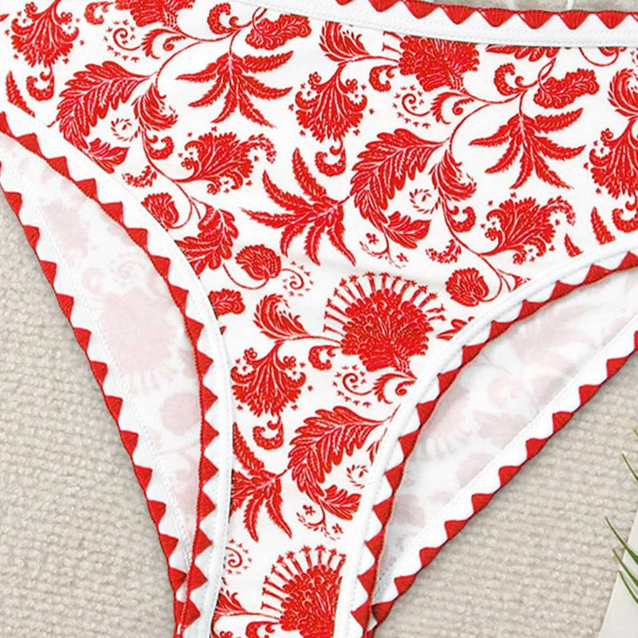 Dame Bandeau-bikini-sæt med farverigt blomstermønster og elastisk bælte Skovae