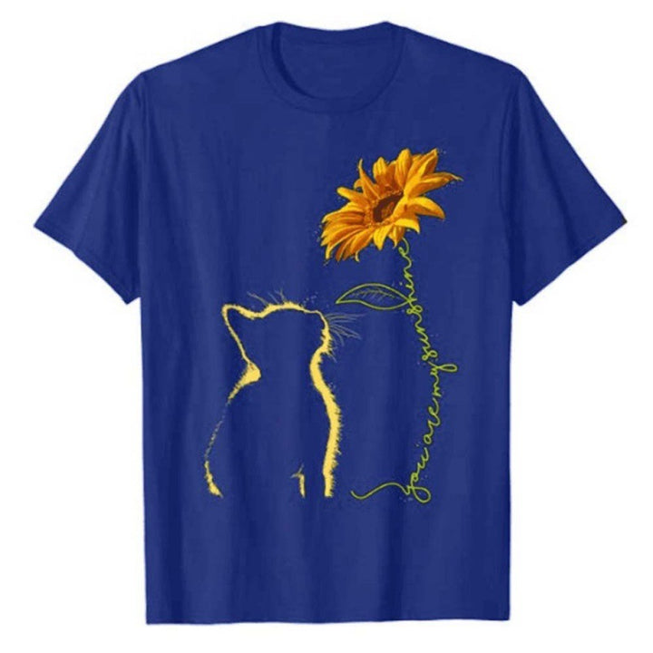 Kvinders T-shirt med kreativ kat og solsikke motiv Stilla