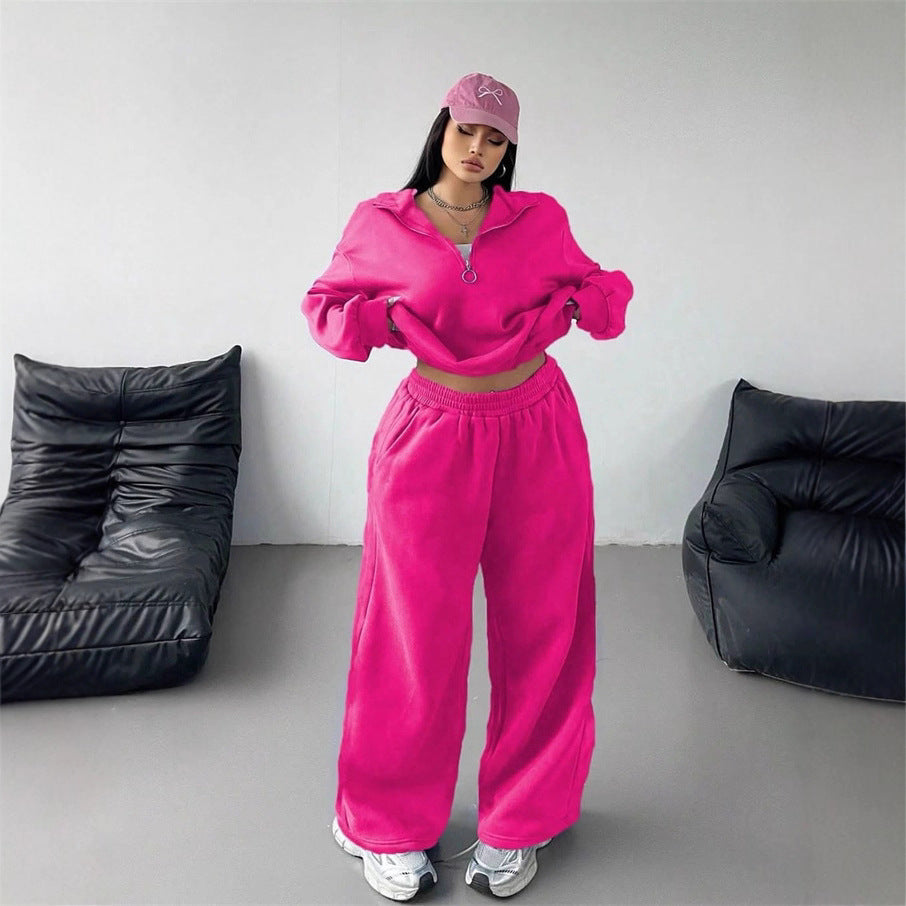 Dame sporty fleece loungewear sæt med høj krave og løs pasform Skovae