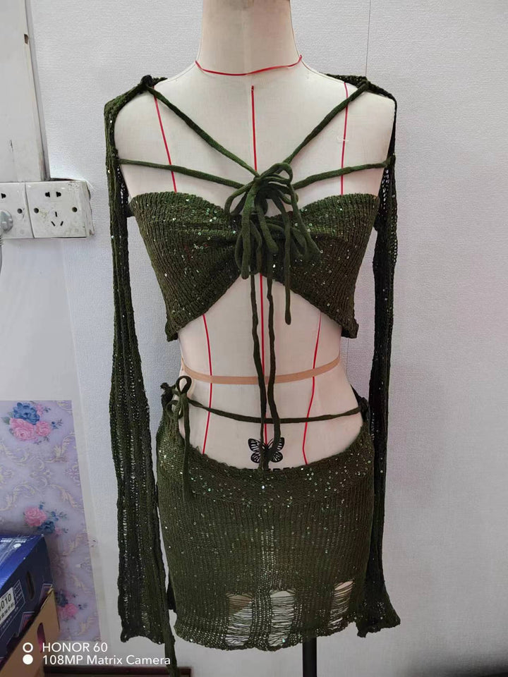 Dame Crop-Top med glitrende pailletter og lange bånd Stilla