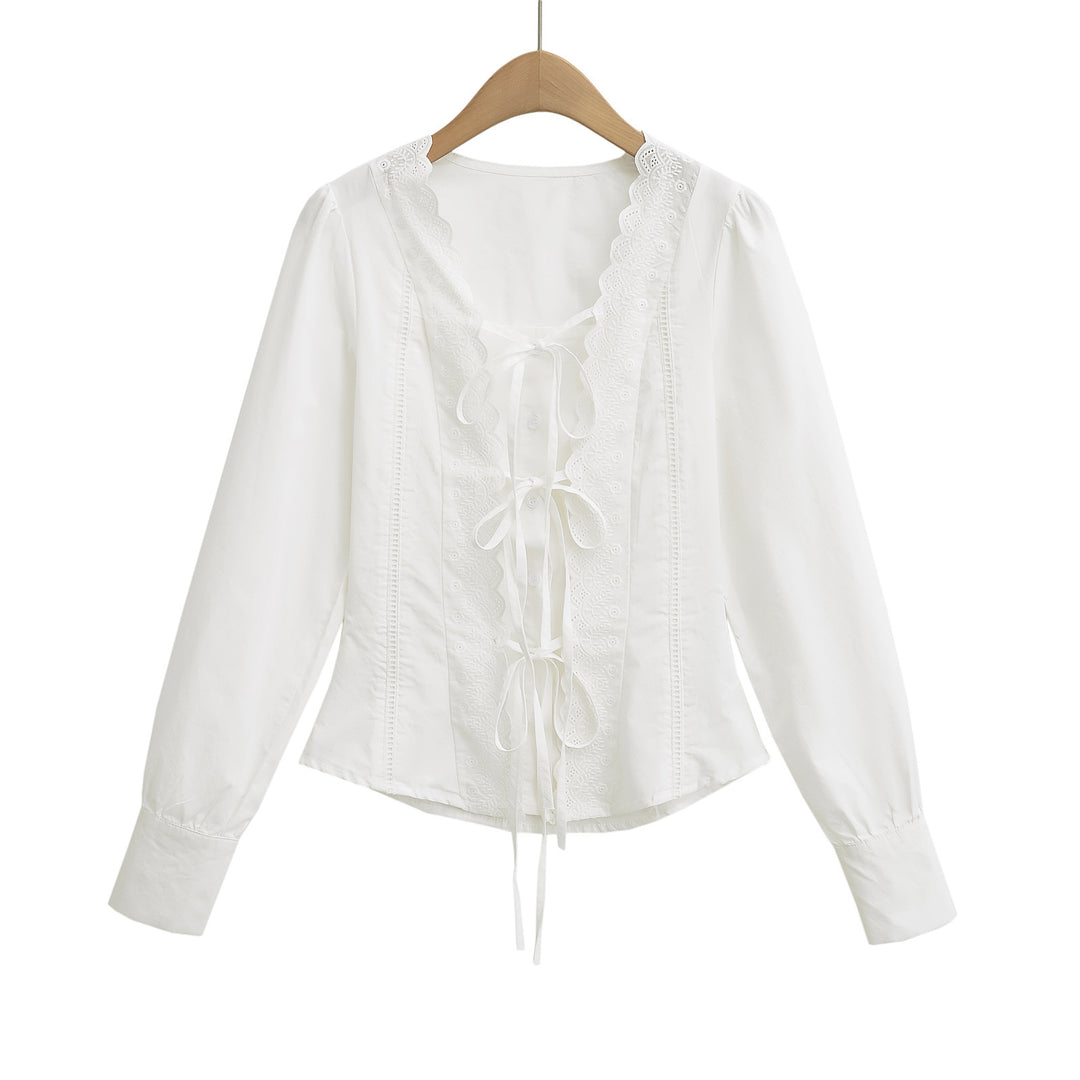 Damer Elegant Bluser T-shirt med Rysjer og dekorativ Snøring Stilla