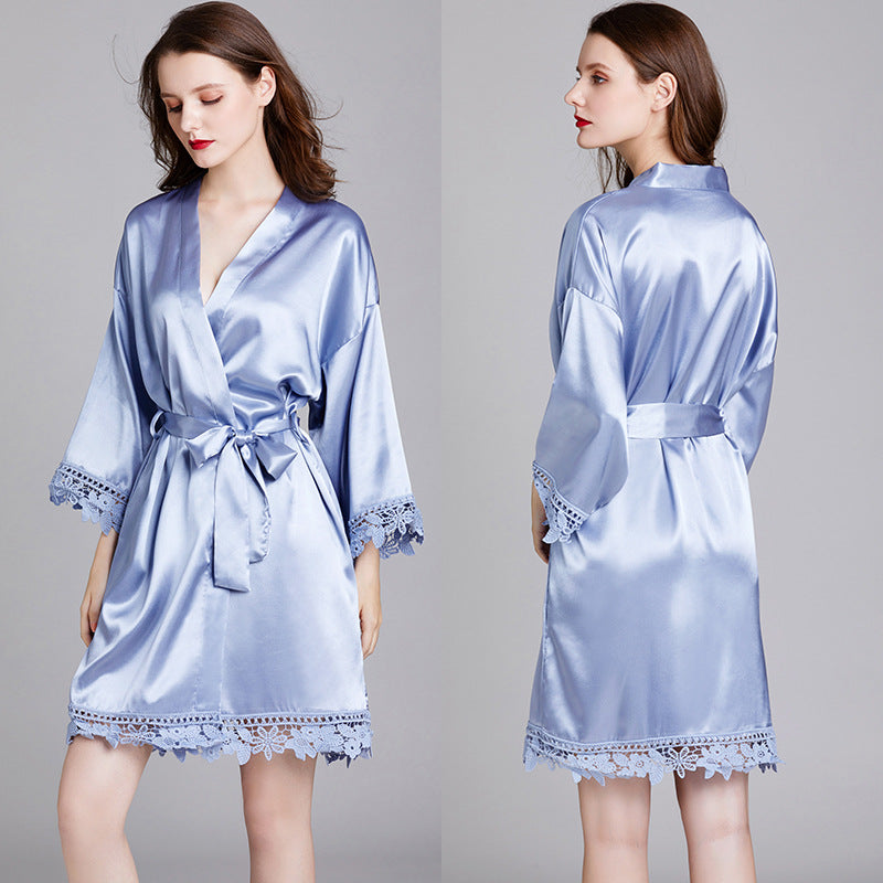 Dame luksus Satin Kimono Morgenkåbe med fine spids detaljer Stilla