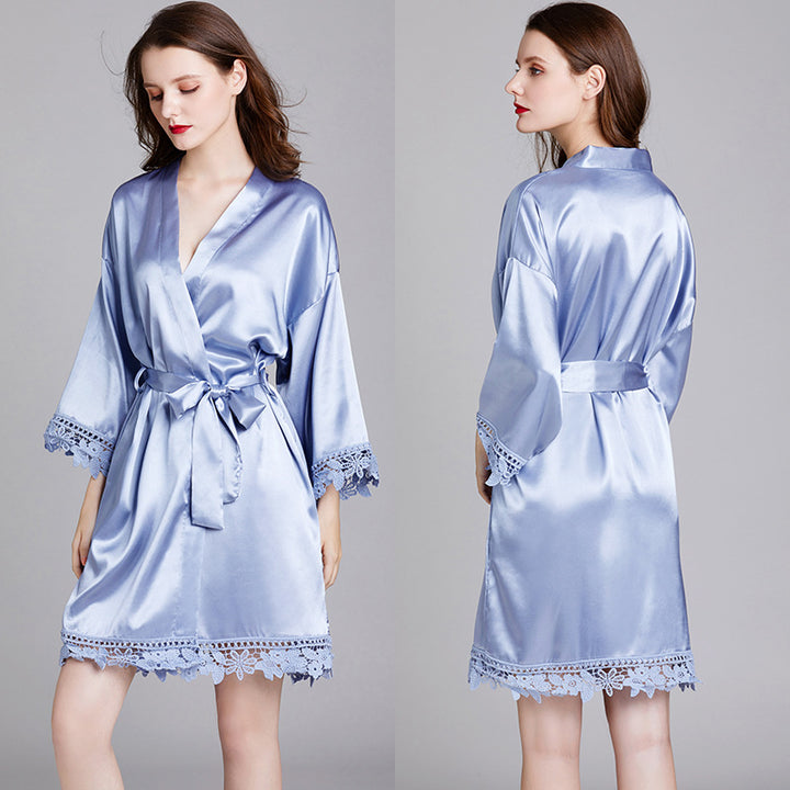 Dame luksus Satin Kimono Morgenkåbe med fine spids detaljer Stilla