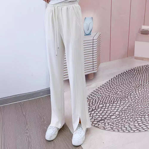 Dame Bred Elegant Fritidsbukser med høj talje og sidelange slidsdetaljer Stilla