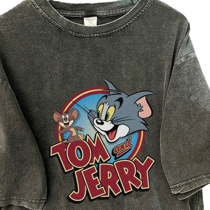 Dame T-shirt med kunstnerisk Tom og Jerry tryk og afslappet snit Stilla