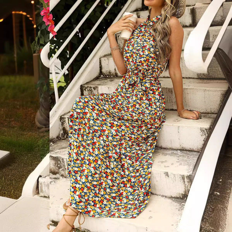 Femme Floral Print Maxi Kjole med justerbart Bindebælte Stilla