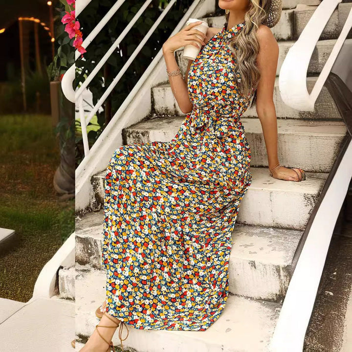Femme Floral Print Maxi Kjole med justerbart Bindebælte Stilla