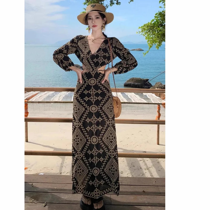 Femme Elegant Bohemian Maxi Kjole med Uddannelsesdetaljer Stilla