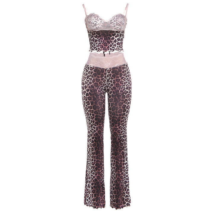 Dame Erotik Jumpsuit med leopardmønster og spidse stropper Skovae
