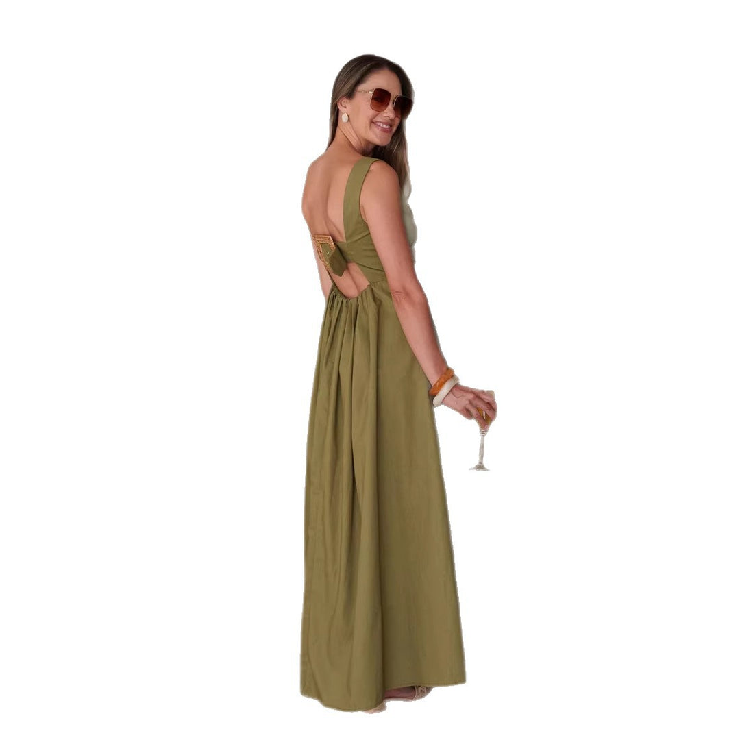 Dame maxi kjole med chik knapdesign og elegant V-hals