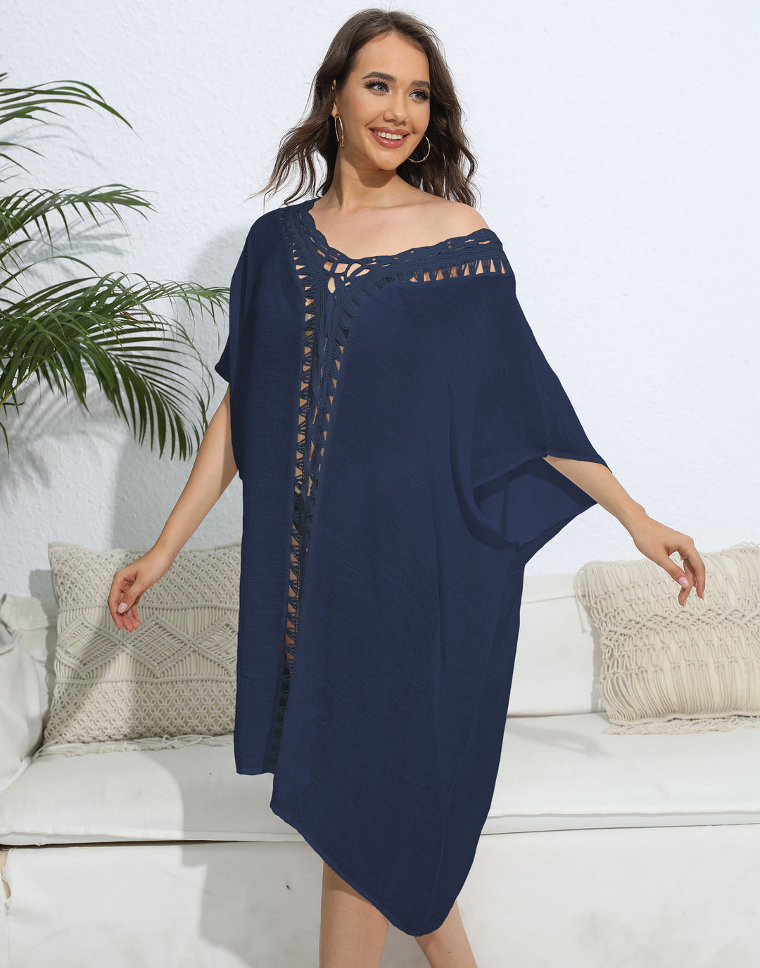Dame luftig kaftan med kunstnerisk huldesign Stilla