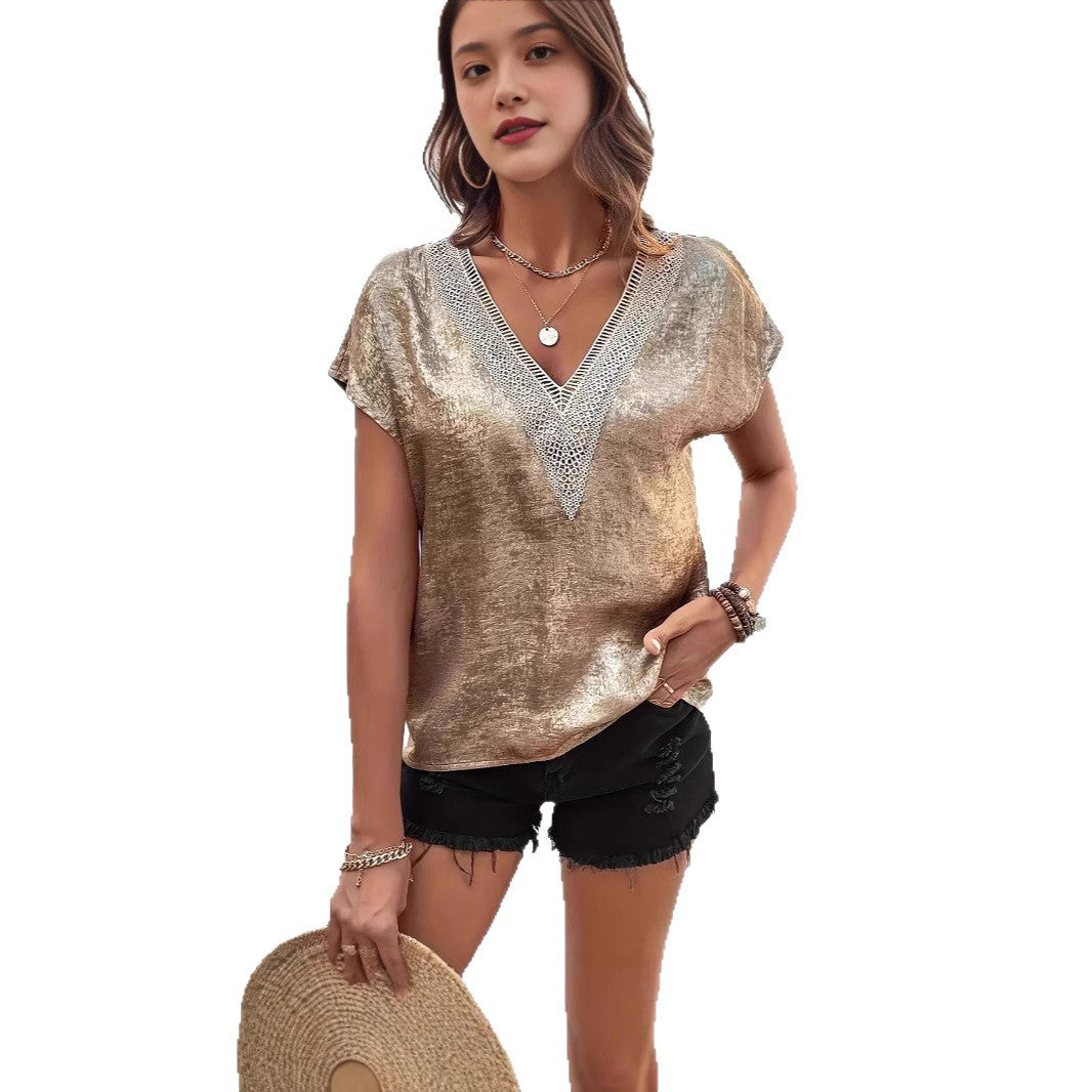 Dame trendy V-Udskæring top med glamourøs glans Stilla
