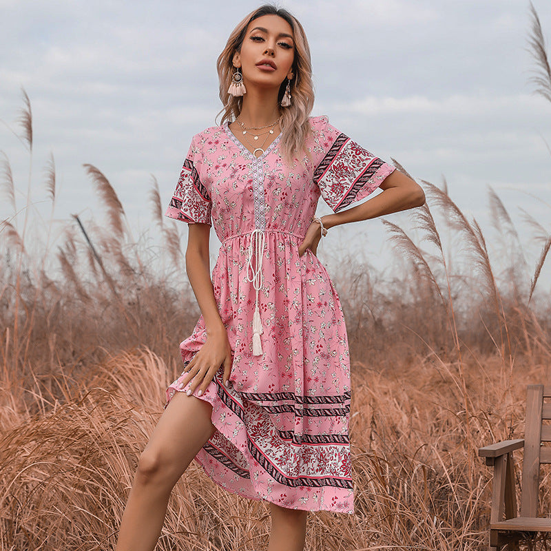 Dame Casual Bohemian Midikjole med Kvasterbindedetalje Stilla
