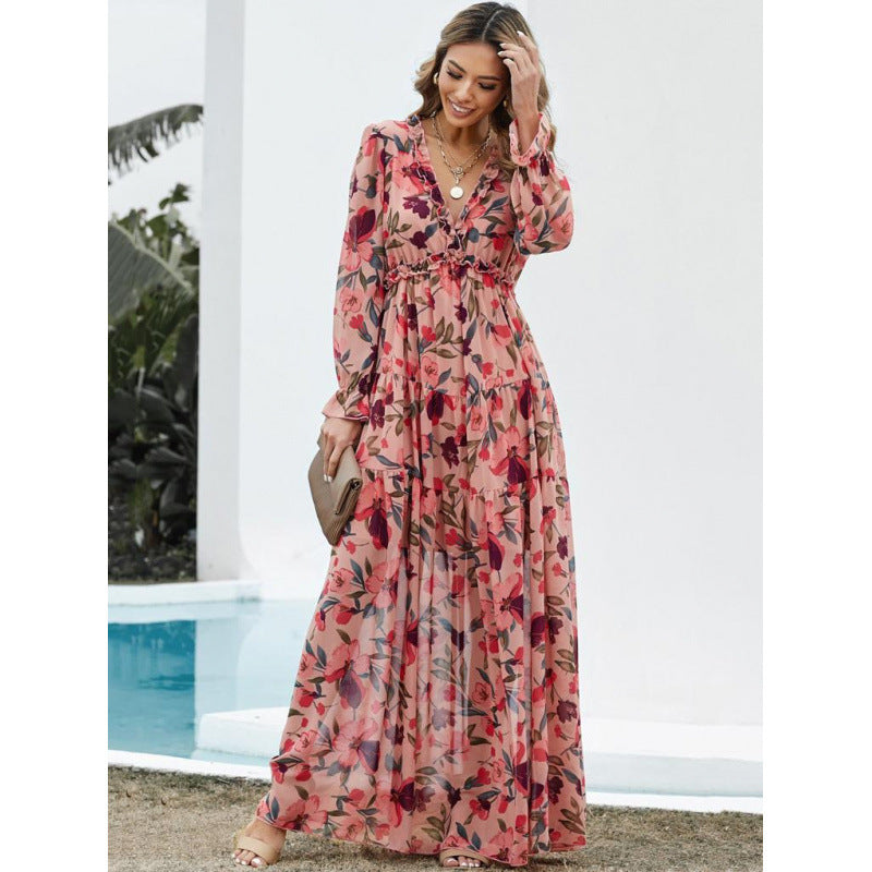 Femme Floral Maxi Kjole med Ruffle ærmer og dyb V-nakke Stilla