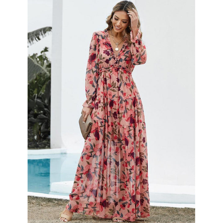 Femme Floral Maxi Kjole med Ruffle ærmer og dyb V-nakke Stilla