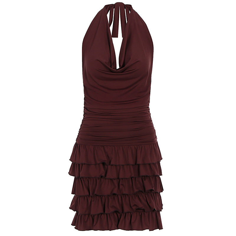 Dame kort ruffled skjorte med halterneck og figursyet design Skovae