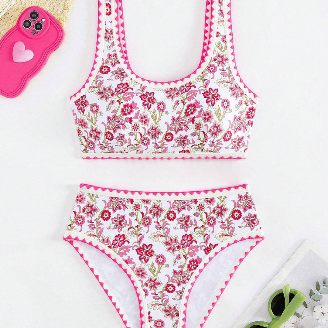 Dame Floral Print Bralette og Høj Talje Bikini-Bukser Sæt Stilla