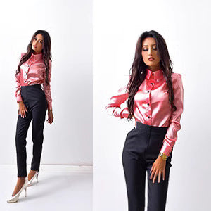Dame elegant Satin-bluse med skræddersyet pasform og klassisk krave Stilla