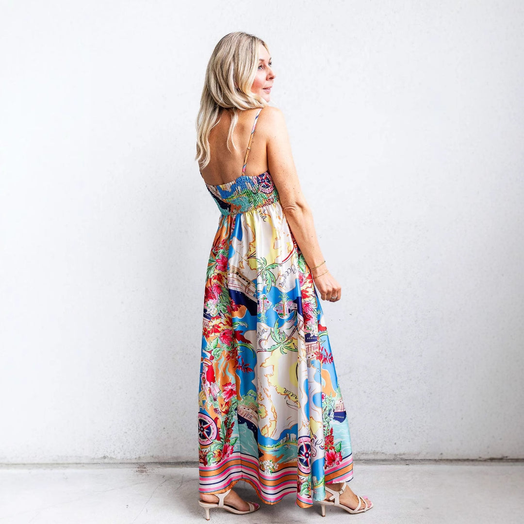 Dame Maxi-kjole med livligt multicolor-print og smalle stropper Stilla