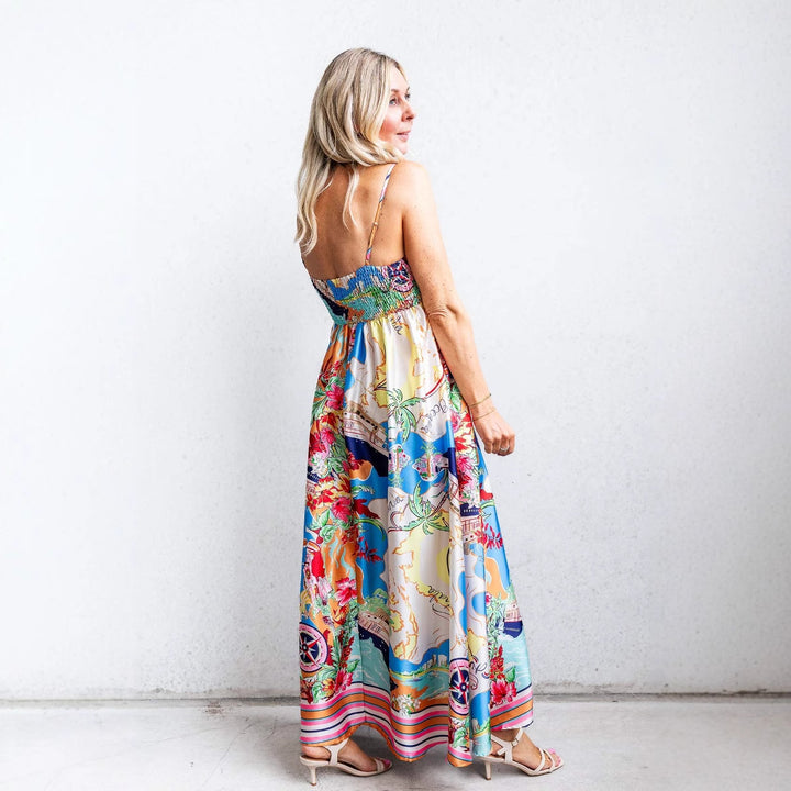 Dame Maxi-kjole med livligt multicolor-print og smalle stropper Stilla