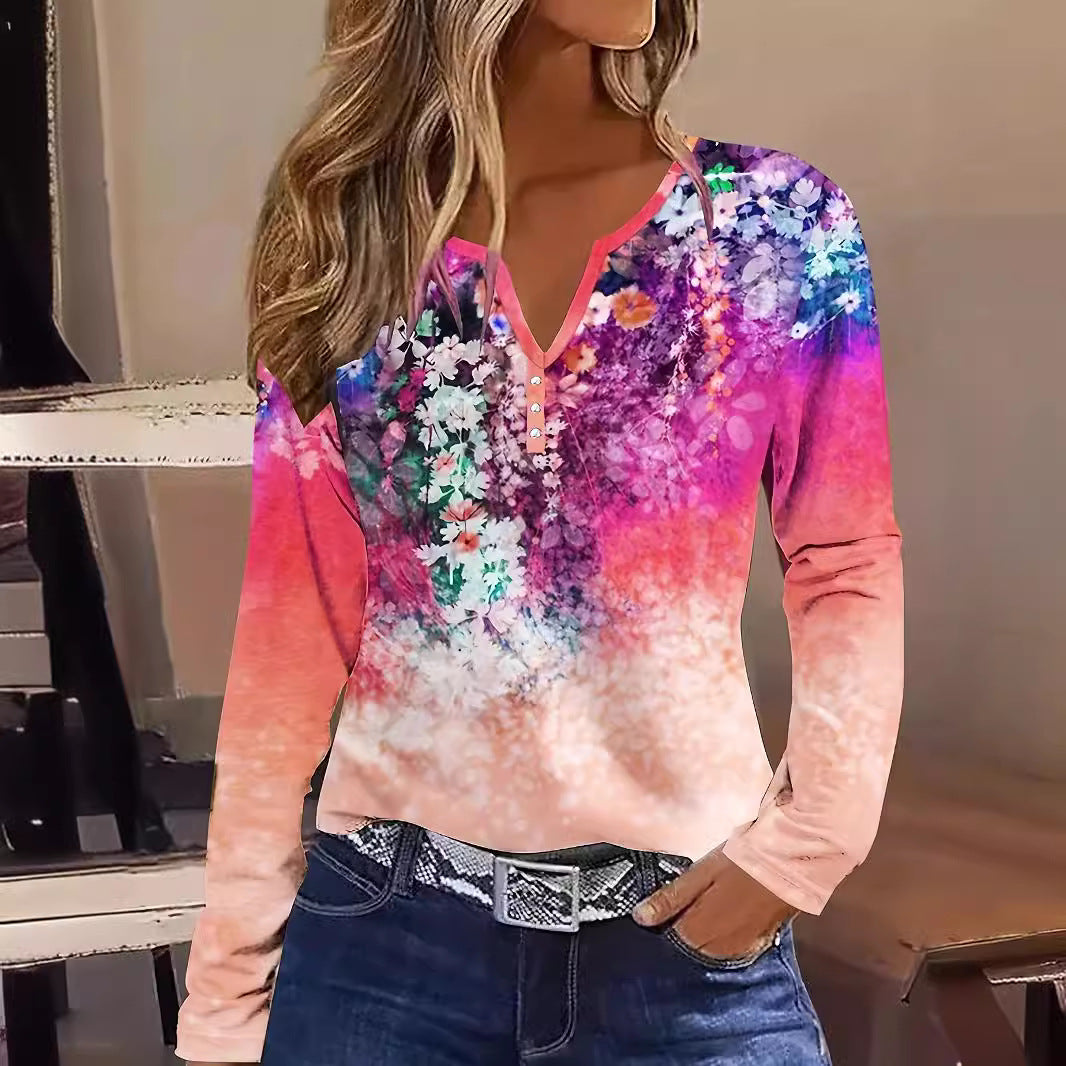 Dame Floral Langærmet T-shirt med Henley-udskæring og farvegradient Stilla