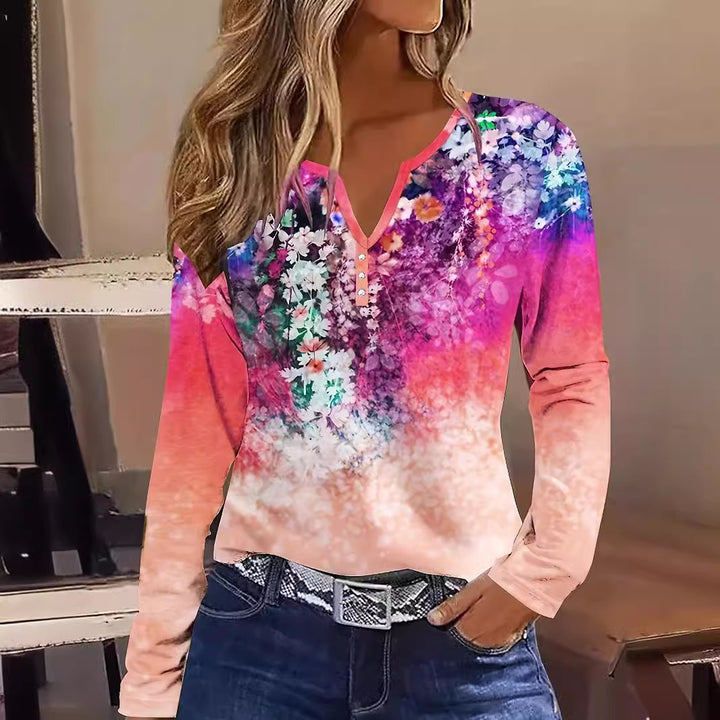 Dame Floral Langærmet T-shirt med Henley-udskæring og farvegradient Stilla